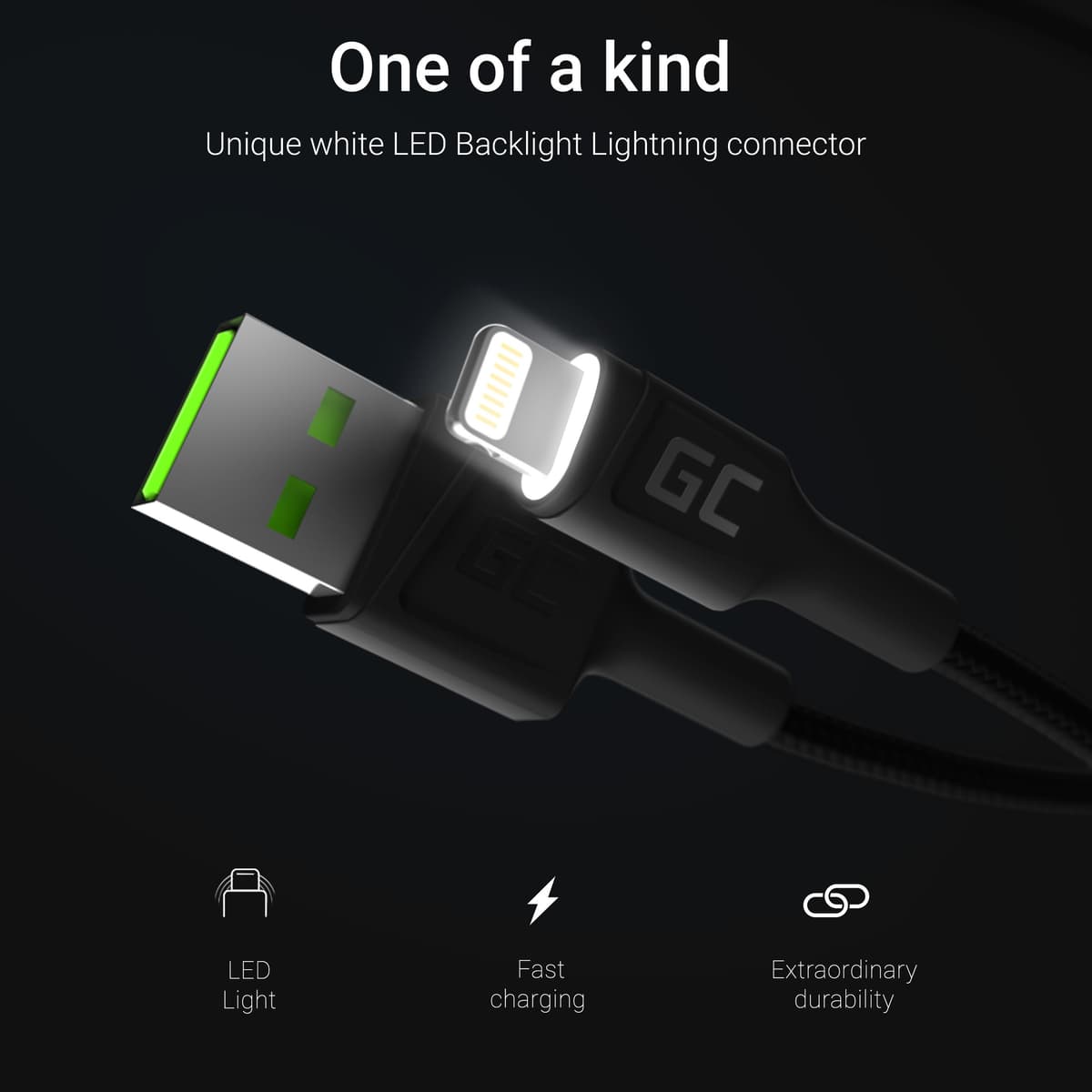 Oplaad kabel GC Ray USB - Lightning 200cm Met ingebouwd wit LED licht, Fast Charging Apple 2.4A thumbnail 3