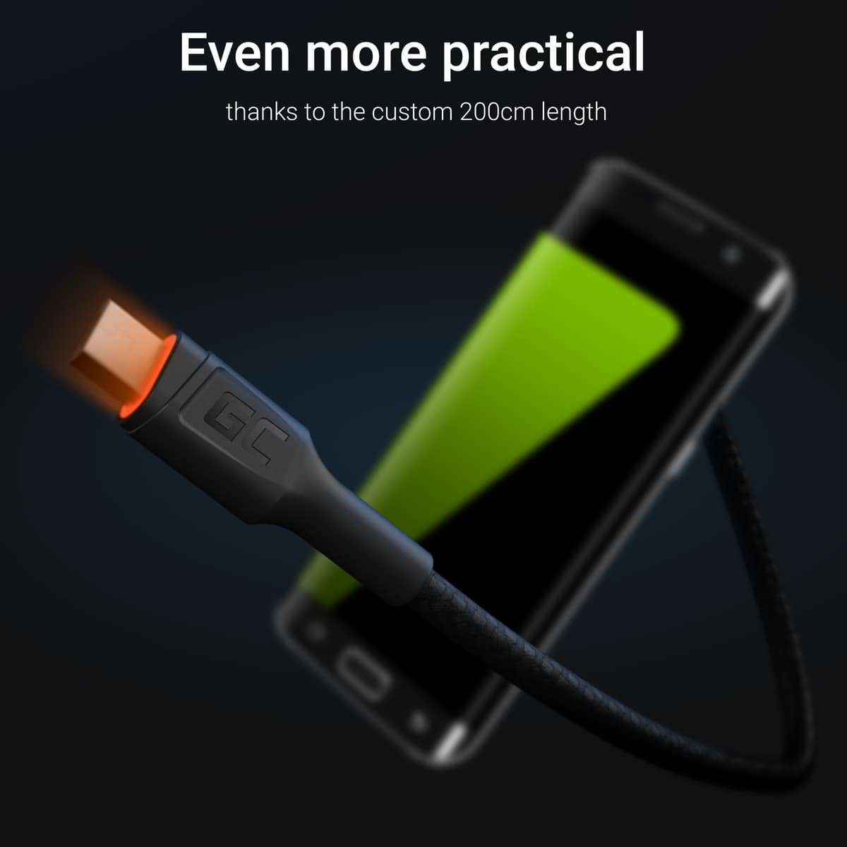Oplaad kabel GC Ray USB - Micro USB 200cm met ingebouwd orange LED licht, Fast charge - Ultra Charge - QC 3.0 thumbnail 2