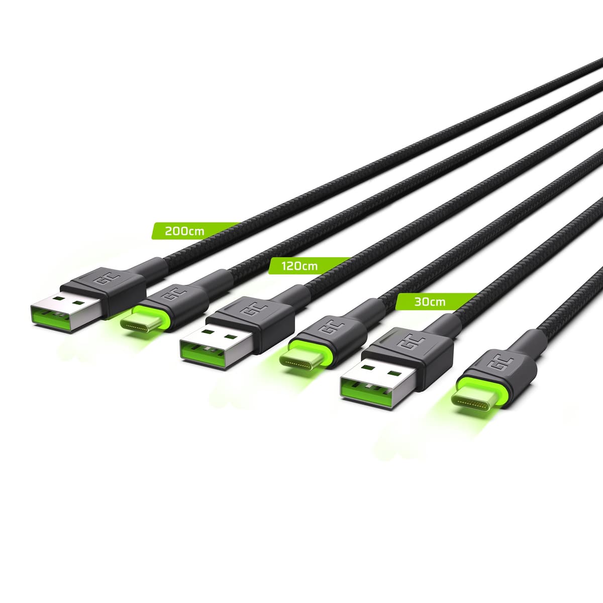 3x GC Ray USB-C kabel 30cm, 120cm, 200cm met groen LED verlichting, fast charging UC, QC 3.0 thumbnail 2