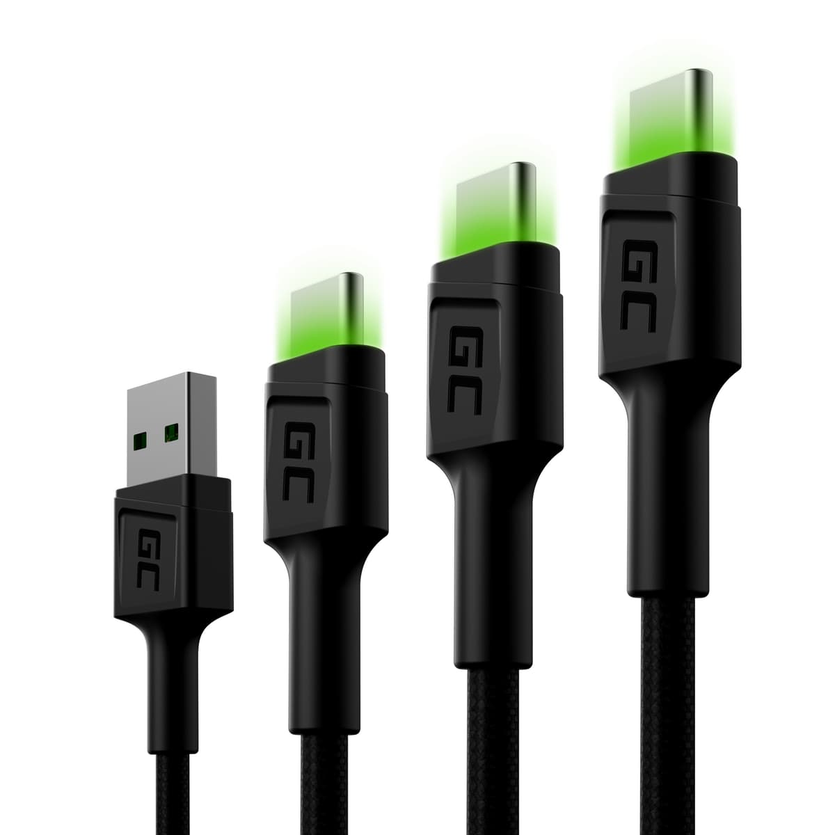 3x GC Ray USB-C kabel 30cm, 120cm, 200cm met groen LED verlichting, fast charging UC, QC 3.0
