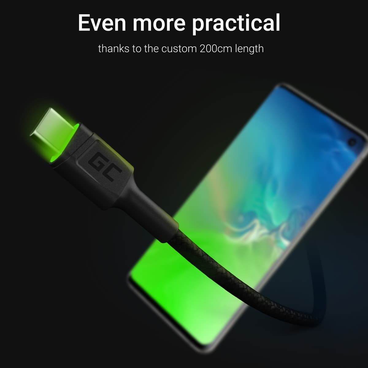 Oplaad kabel GC Ray USB - USB-C 200cm met ingebouwd groen LED licht, Fast Charging -Ultra Charge - QC 3.0 thumbnail 3