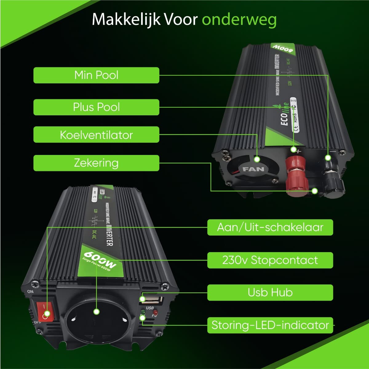 EcoLine - Omvormer 12V Naar 220V / 230V - 600w / 1200w Vermogen - Gemodificeerde Sinus - Spanningomvormer thumbnail 4