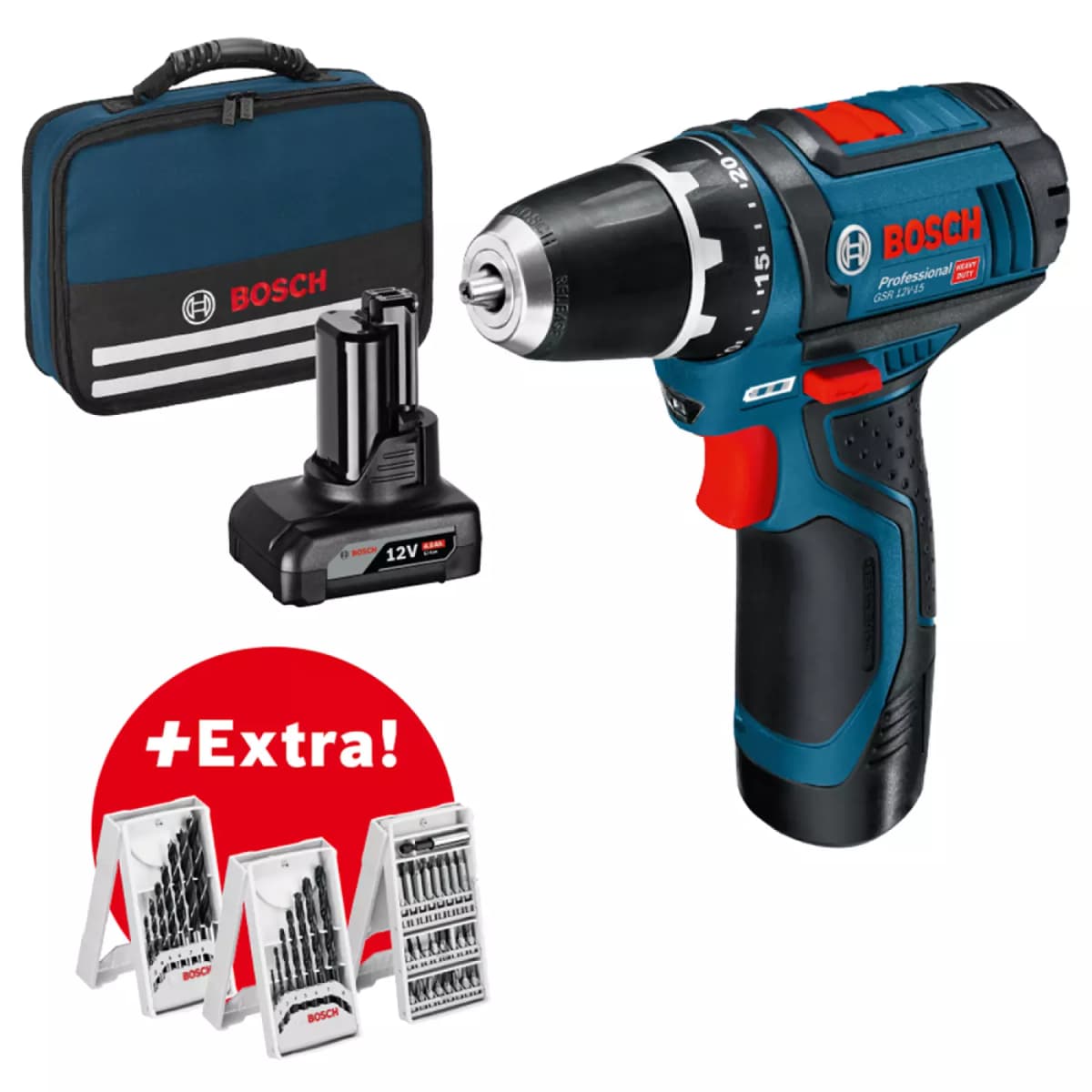 Bosch GSR 12V-15 12V Li-Ion Accu Boor-/schroefmachine Set (1x 4.0Ah + 1x 2.0Ah Accu) In Tas Incl. 39-delige Accessoireset thumbnail 2