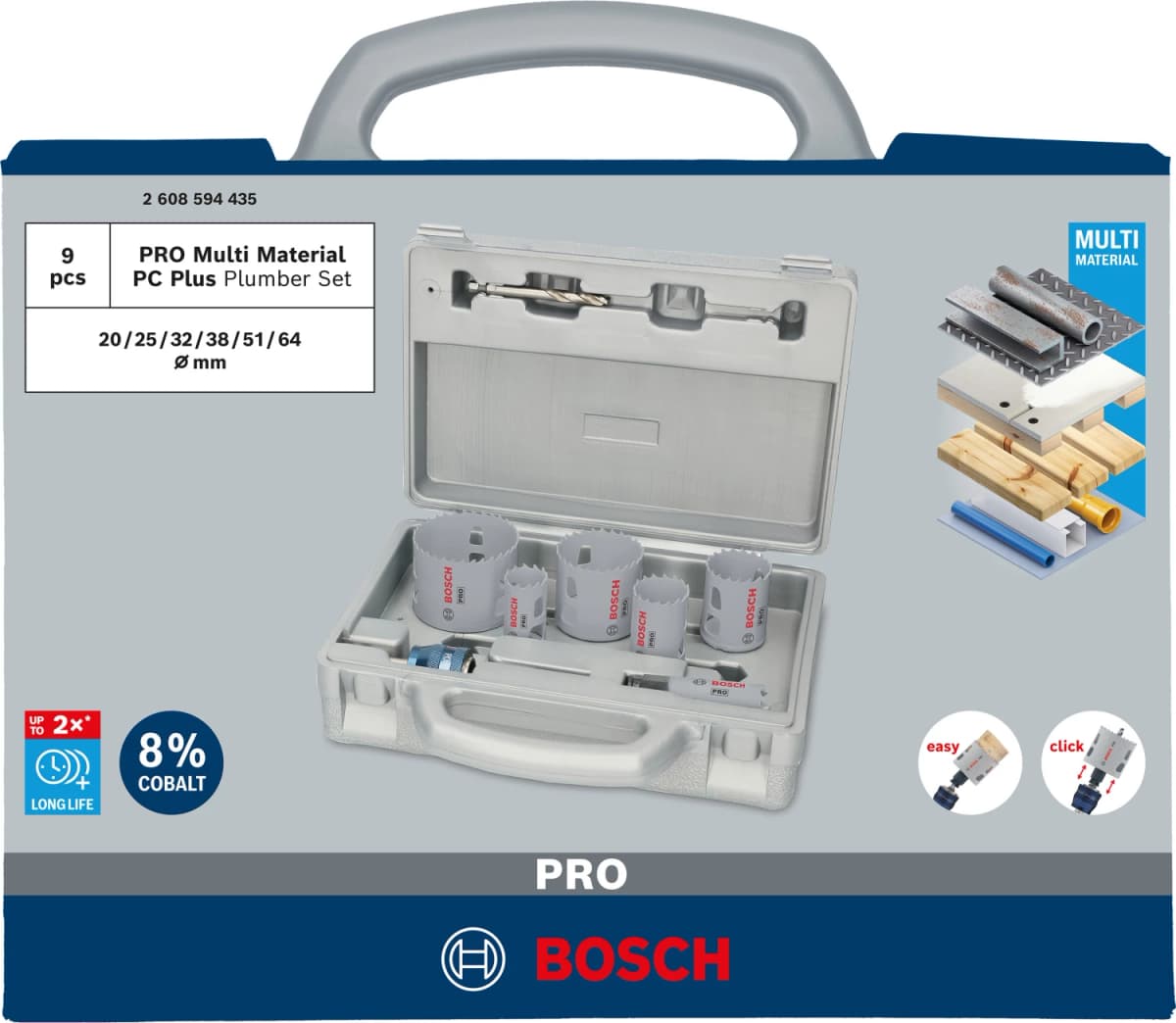 Bosch 2608594435 PRO 9-delige Multi Material PC Plus Gatzagenset - 20,25,32,38,51,64mm thumbnail 2