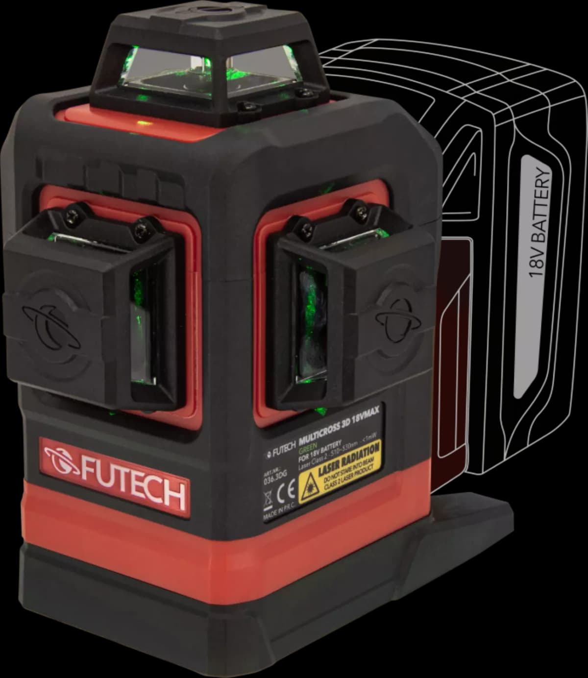FUTECH Multicross 3D 18VMAX Kruislijnlaser Set Incl. Statief En 18V Batterij Adapter - Groen - 70m - 3 Lijnen thumbnail 2