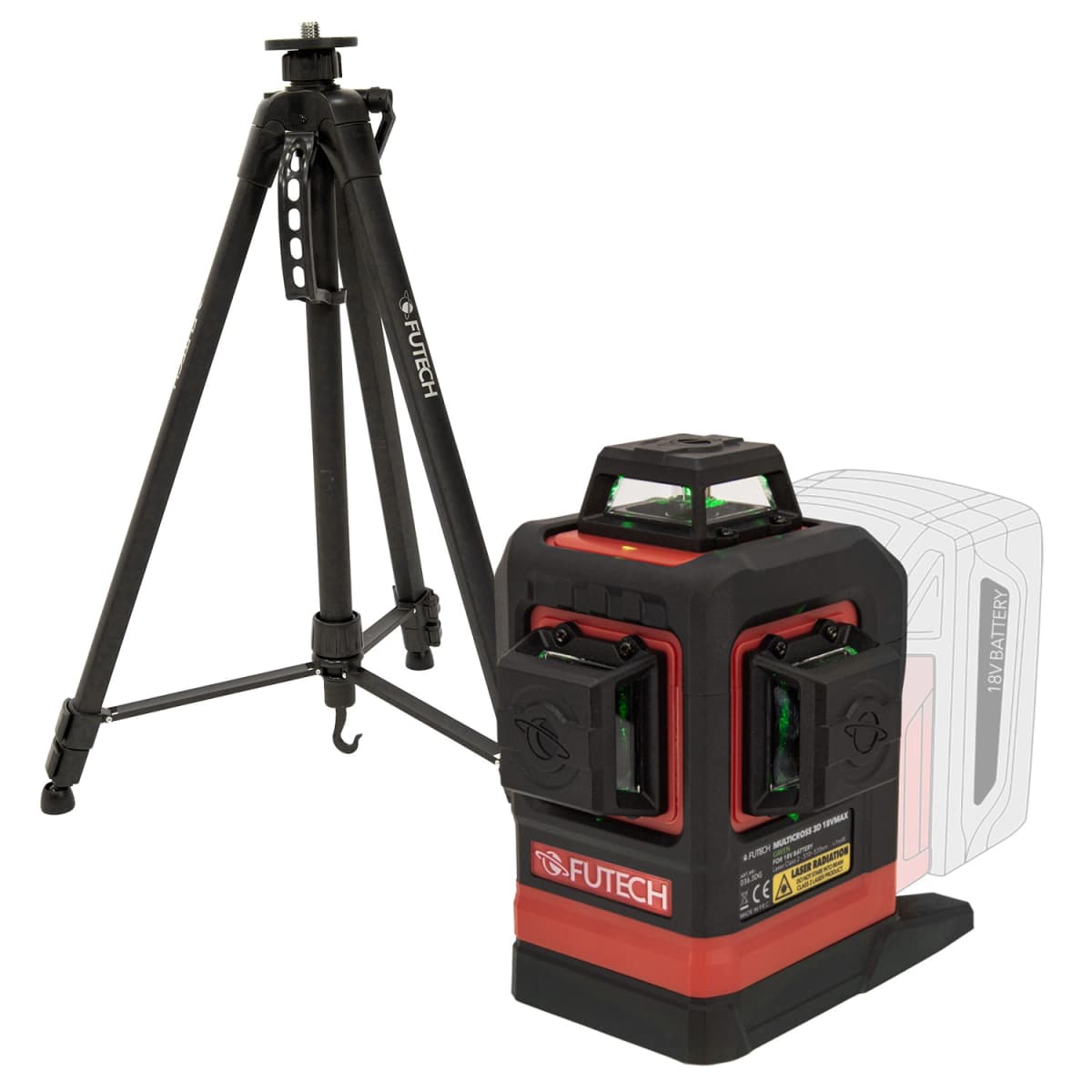 FUTECH Multicross 3D 18VMAX Kruislijnlaser Set Incl. Statief En 18V Batterij Adapter - Groen - 70m - 3 Lijnen