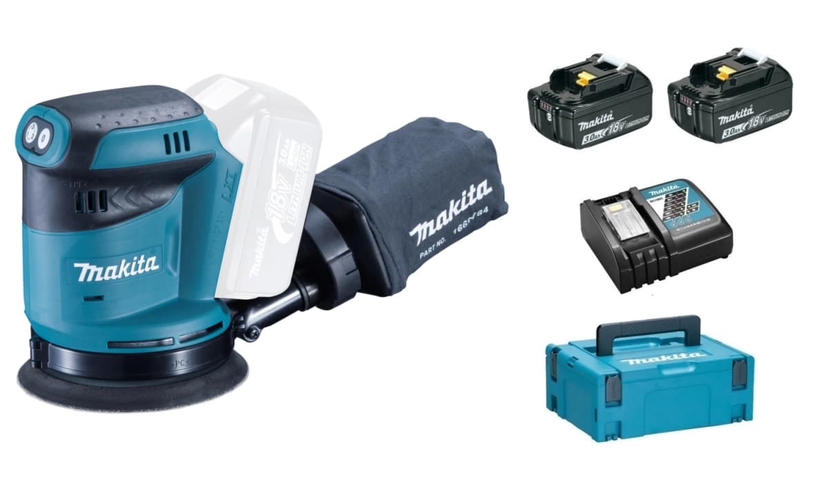 Makita DBO180RFJ 18V Li-Ion Accu Excentrische Schuurmachine Set (2x 3.0Ah Accu) In Mbox - 125mm