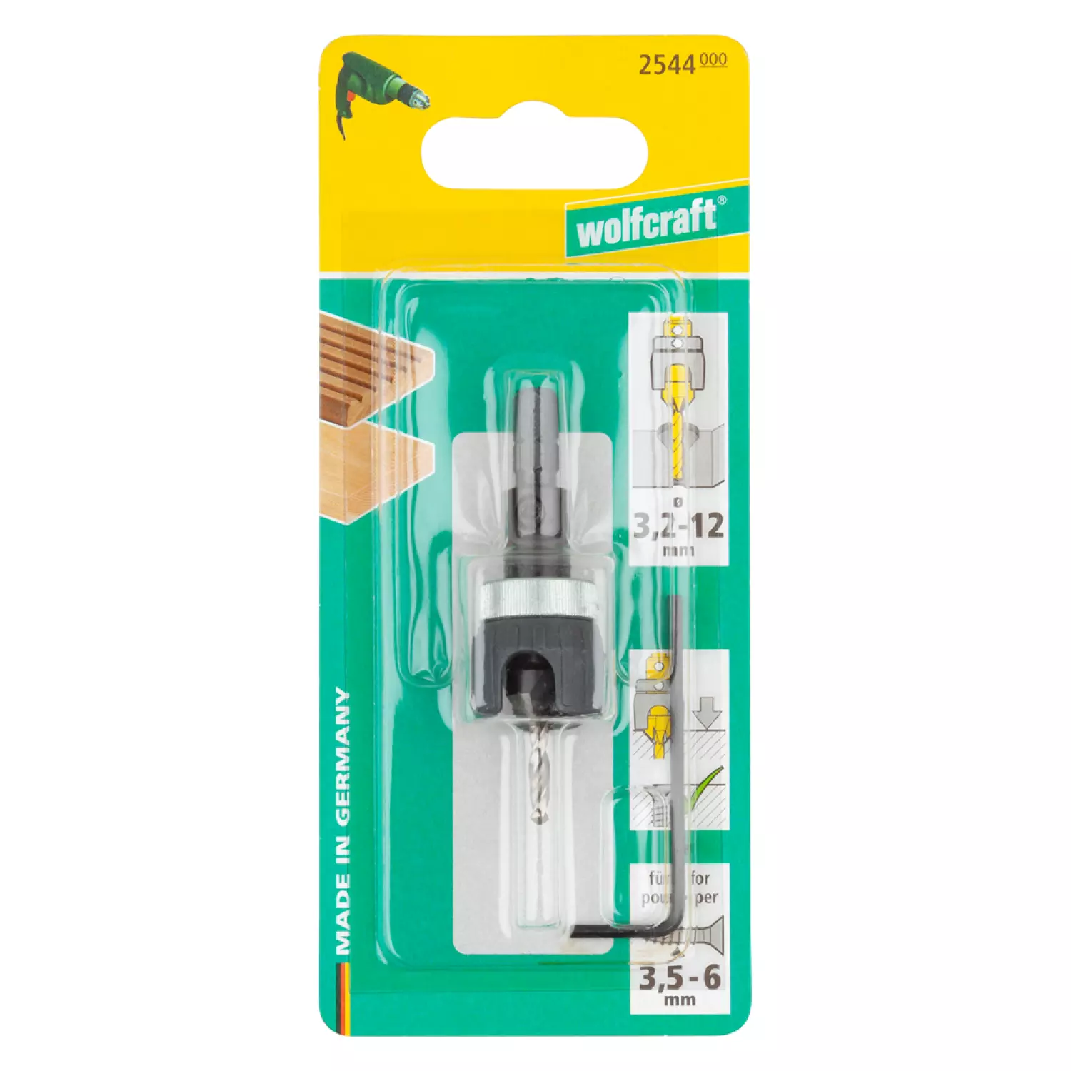 Wolfcraft 2544000 HSS Centreerboor Met Verzinkboor En Dieptestop - Zeskant - 3,2-12mm thumbnail 2