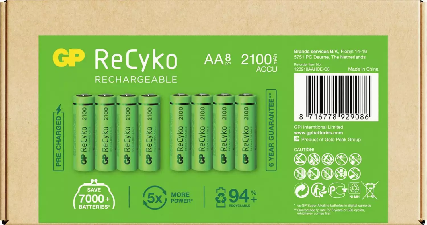 GP NiMH 2100 MAh ReCyko Oplaadbaar Batterij 1,2V (8st) - AA - GPRCK210AA086C4 thumbnail 2