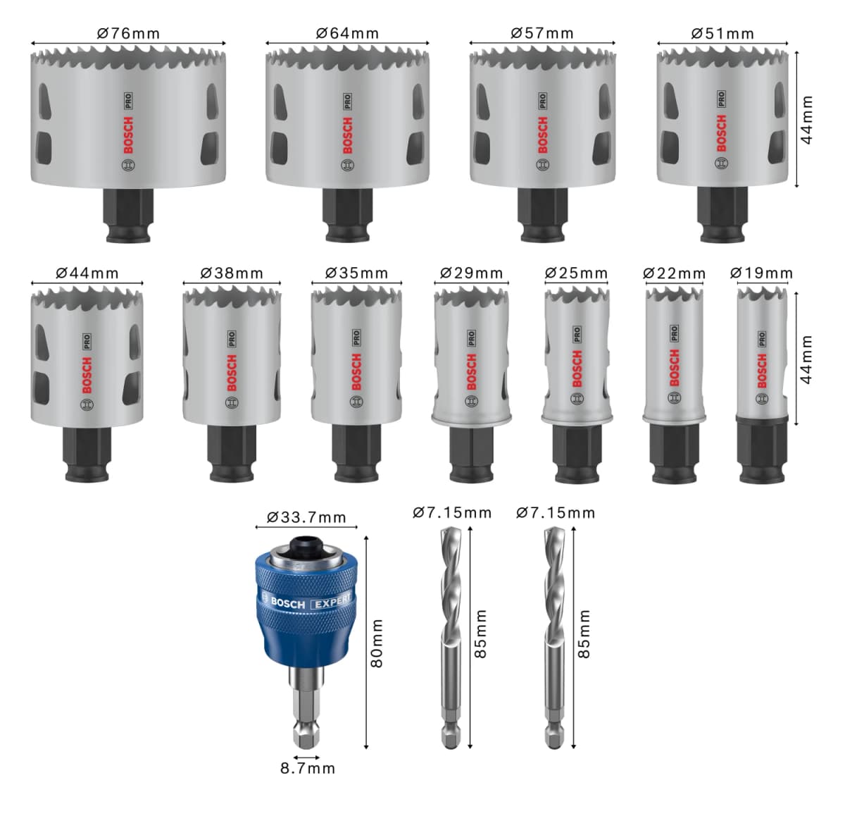 Bosch 2608594434 PRO 14-delige Multi Material PC Plus Gatzagenset - 19,22,25,29,35,38,44,51,57,64,76mm thumbnail 4