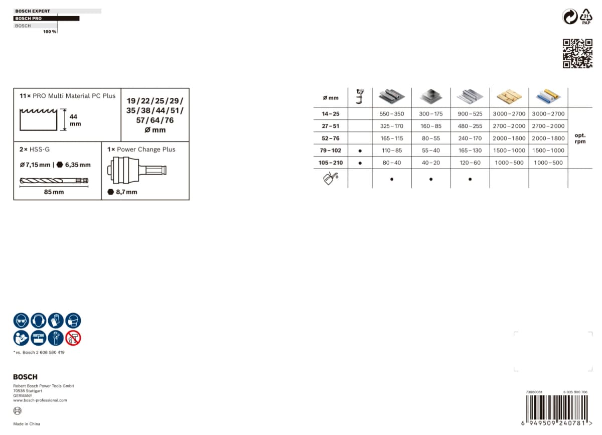 Bosch 2608594434 PRO 14-delige Multi Material PC Plus Gatzagenset - 19,22,25,29,35,38,44,51,57,64,76mm thumbnail 3