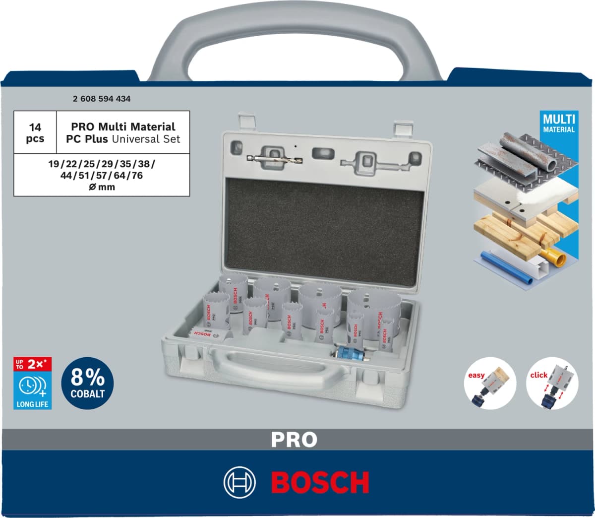 Bosch 2608594434 PRO 14-delige Multi Material PC Plus Gatzagenset - 19,22,25,29,35,38,44,51,57,64,76mm thumbnail 2