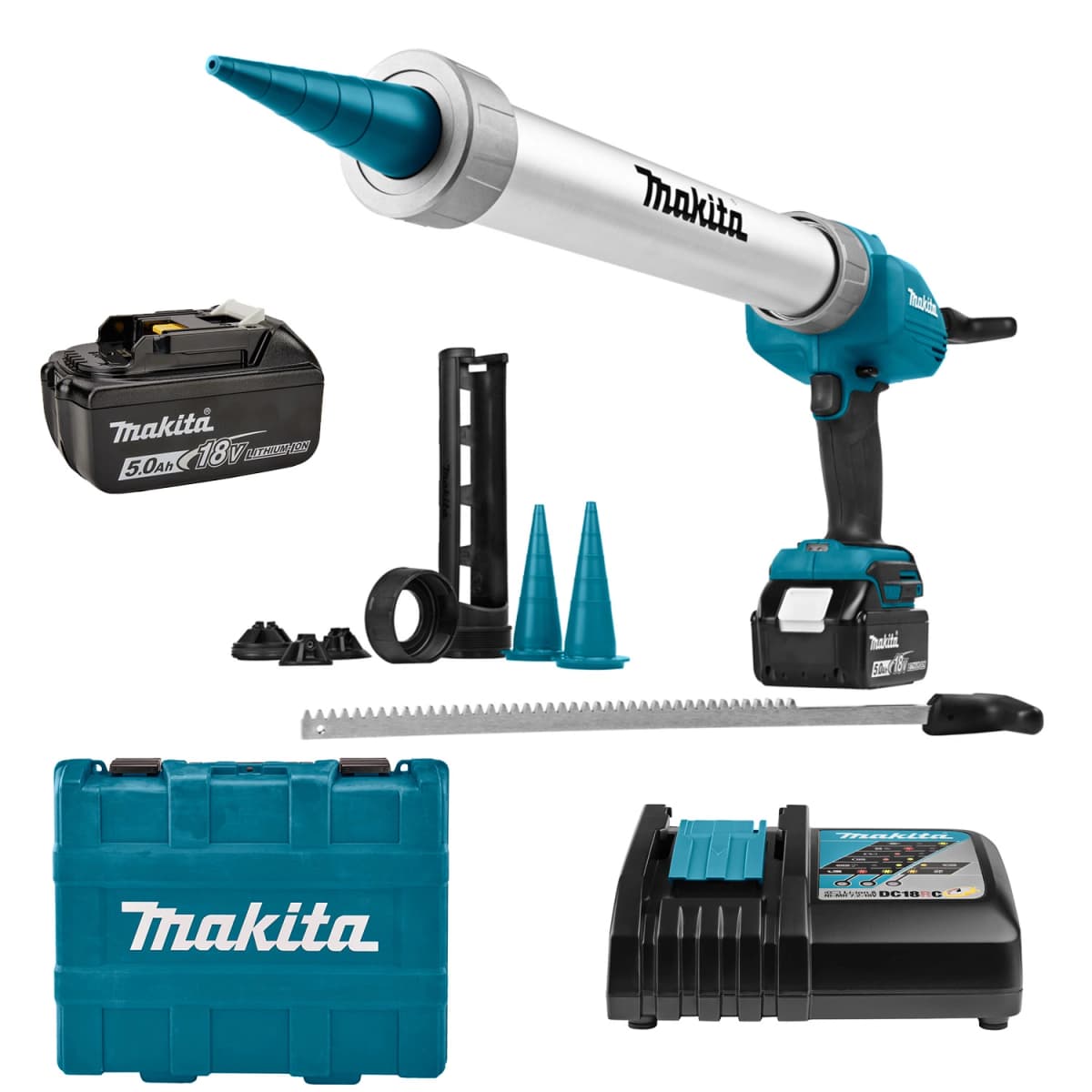 Makita DCG180RTX 18V Li-Ion Accu Lijm- En Kitspuit Set (1x 5.0Ah Accu) Incl. Kokerhouder- En Worsthouder In Koffer