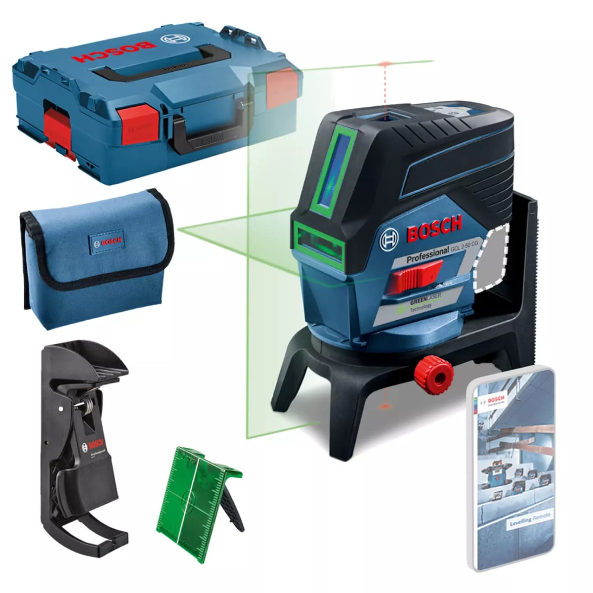 Bosch GCL 2-50 CG SOLO 12V Li-Ion Accu Lijn- En Puntlaser Body In L-Boxx - Groen - 20m