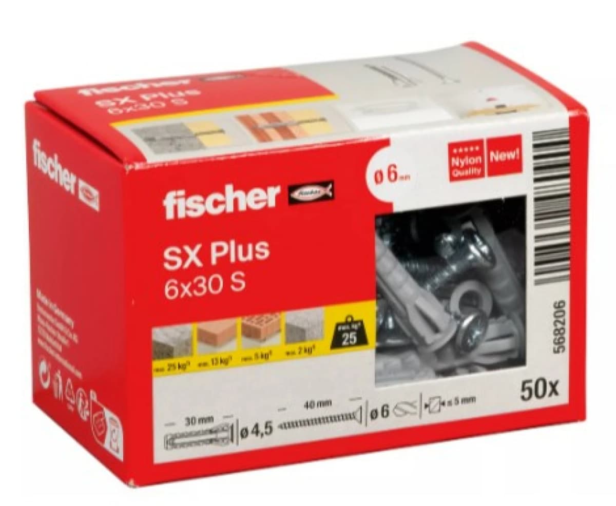 Fischer 568206 SX Plus Pluggen - 6 X 30mm - Met Schroef 4,5 X 40mm (50 St) thumbnail 2