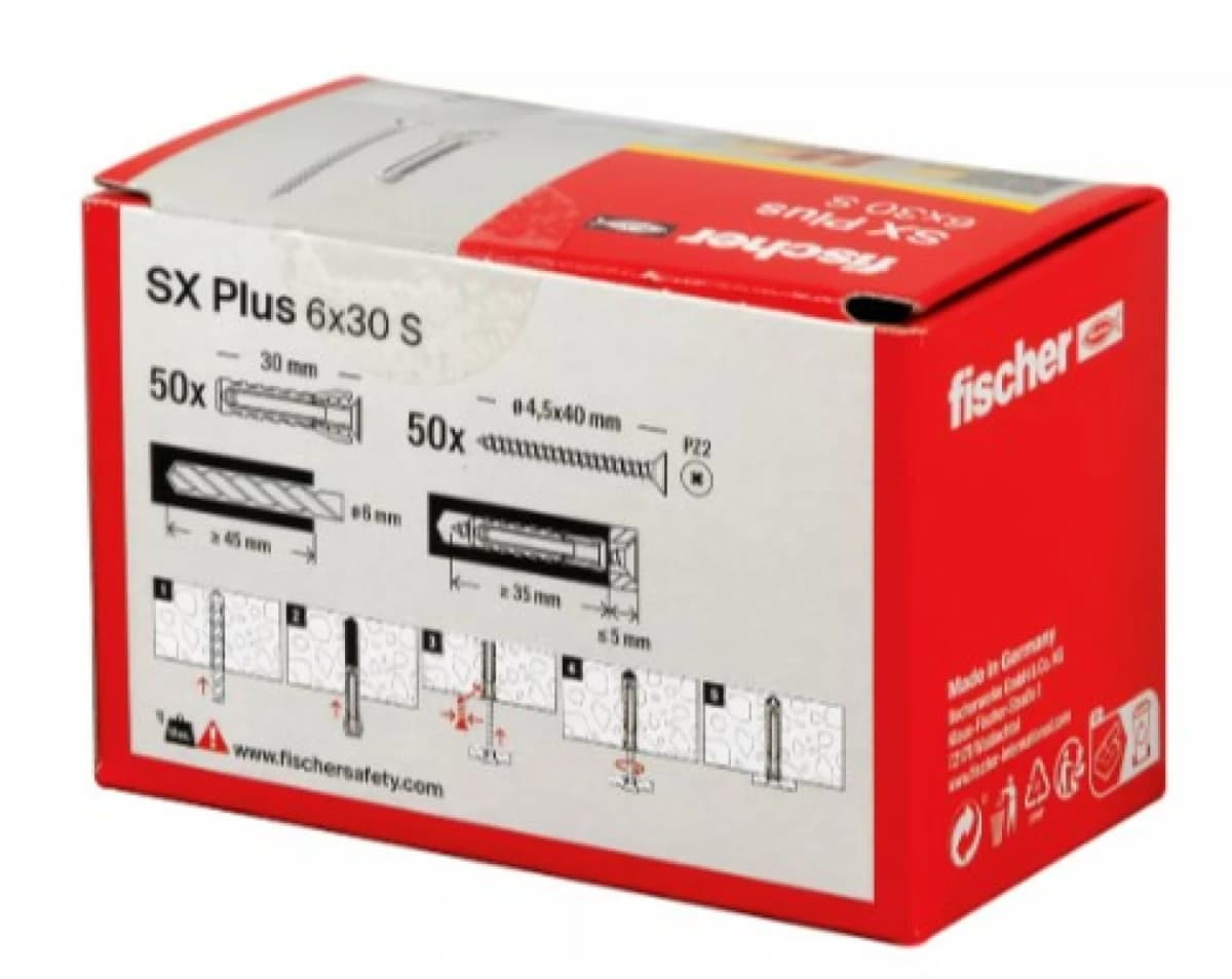 Fischer 568206 SX Plus Pluggen - 6 X 30mm - Met Schroef 4,5 X 40mm (50 St) thumbnail 3