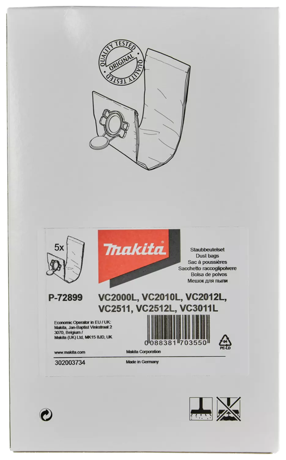 Makita P-72899 Filter Stofzak Voor VC2010L / VC2512L / VC3011L (5st) thumbnail 4