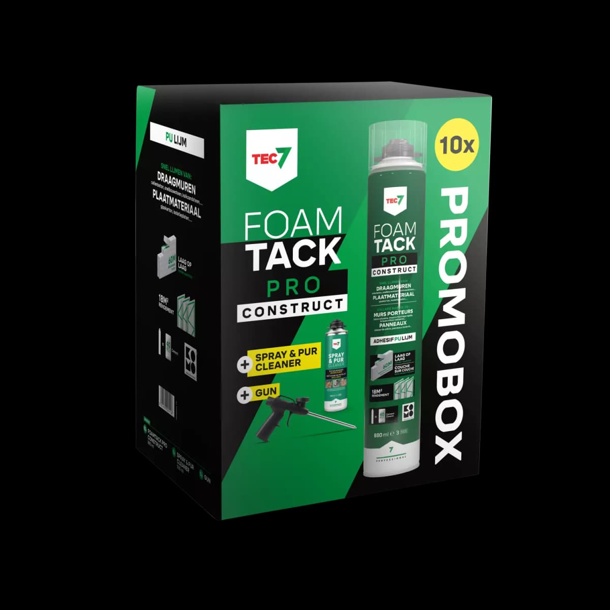 TEC7 FoamTack Pro Construct Combipack (10x 880ml, Reiniger En Gun)