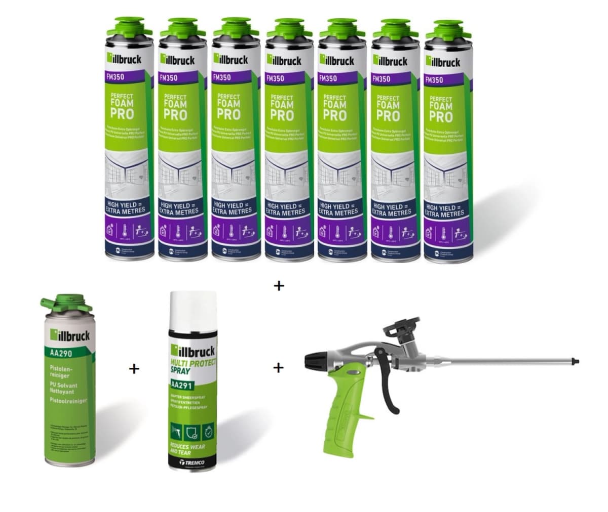 Illbruck FM350 Perfect Box - 7x FM350 - 880 Ml + AA290 Reiniger + AA291 Smeerspray + AA250 Foam Gun Pro