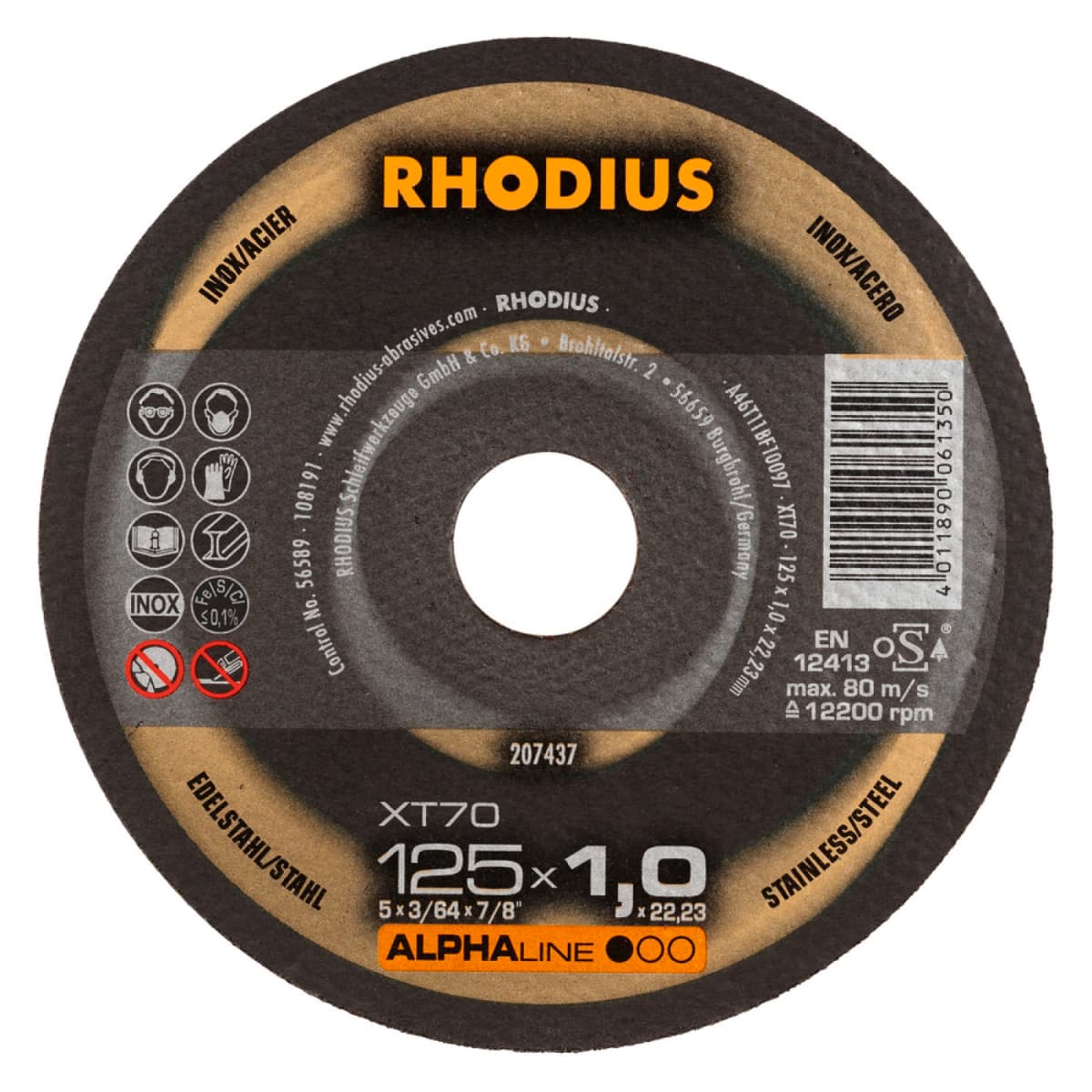 Rhodius ALPHALine I XT70 Doorslijpschijf - Extra Dun - 125 X 22,23 X 1mm - RVS/Staal (100st)