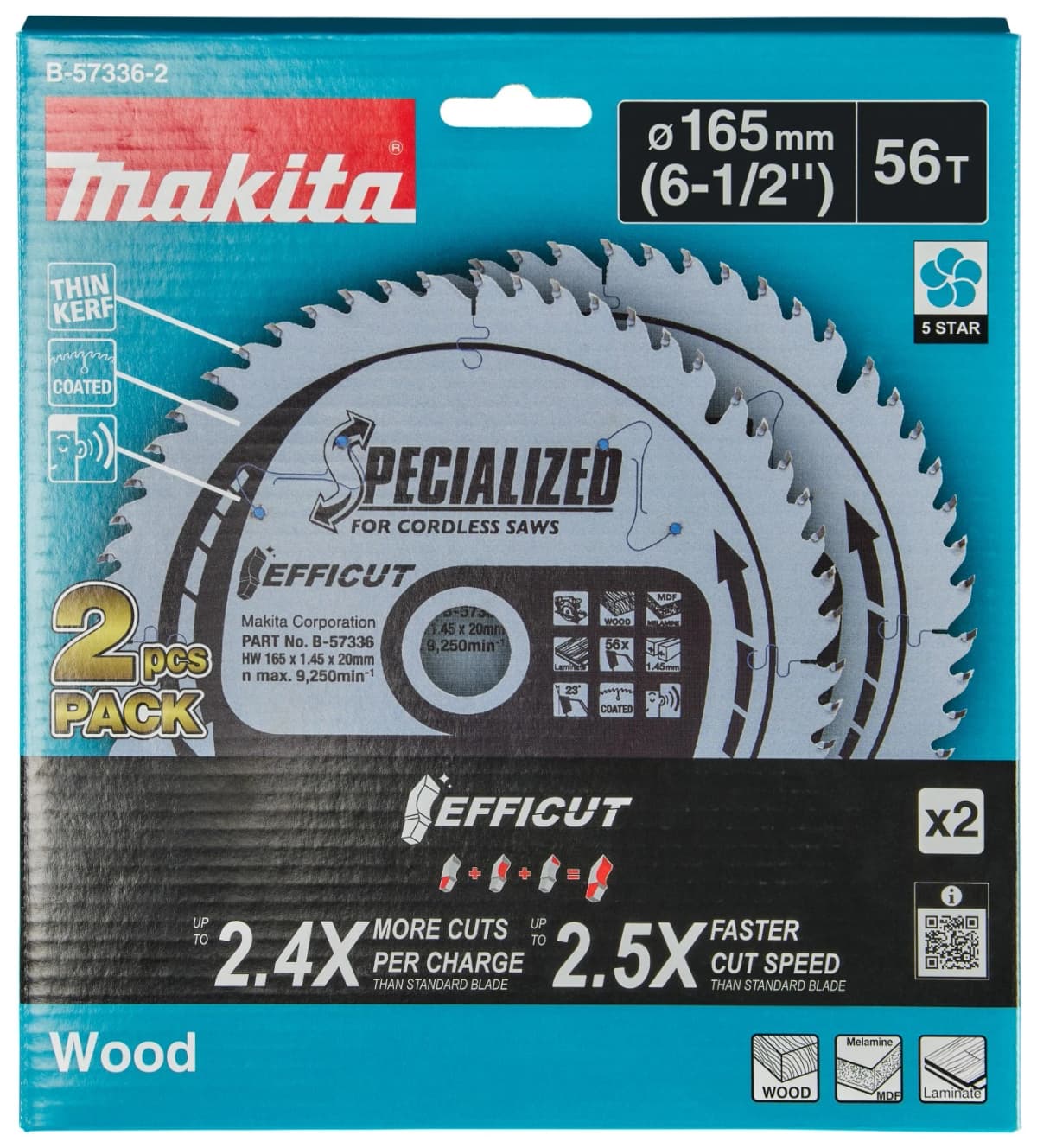 Makita B-57336-2 Cirkelzaagblad - Efficut 165x20x1,45 56T - Hout - Duopack thumbnail 4