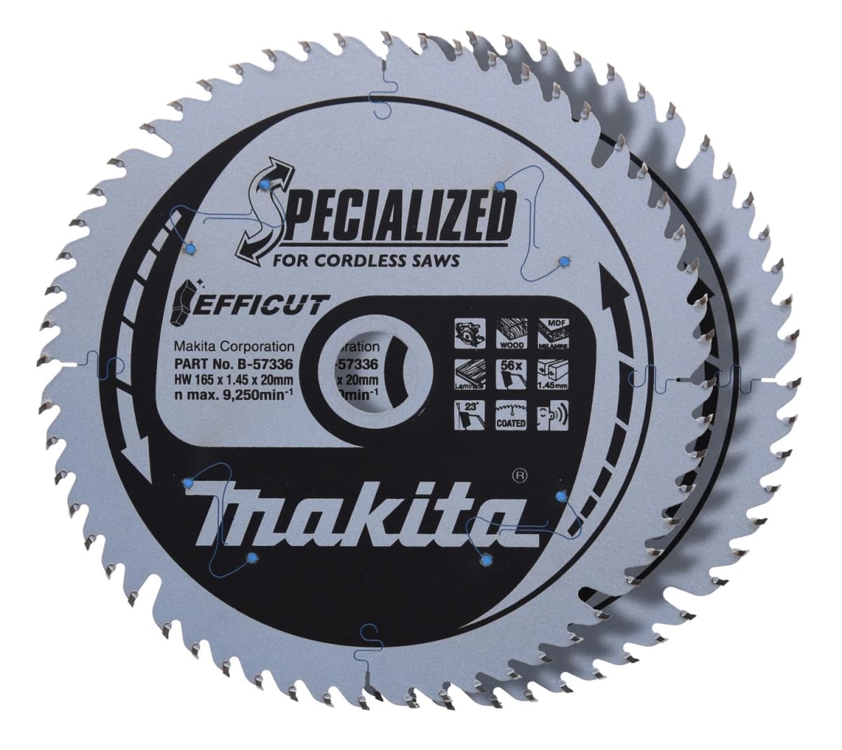 Makita B-57336-2 Cirkelzaagblad - Efficut 165x20x1,45 56T - Hout - Duopack