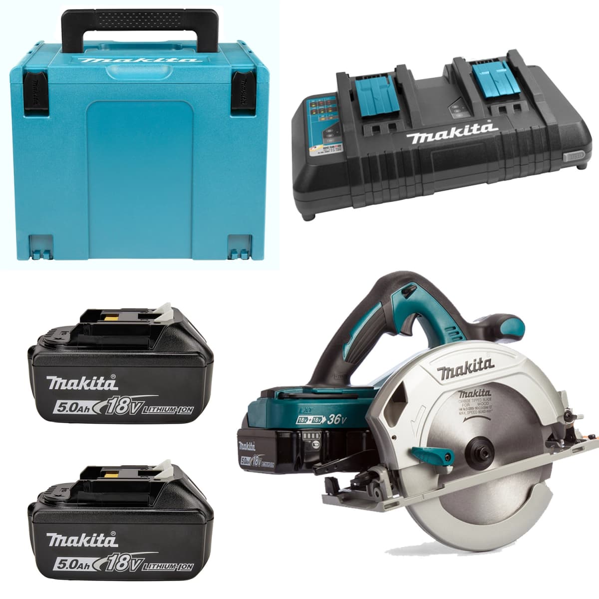 Makita DHS710PT2J 36V (2x 18V) Li-Ion Accu Cirkelzaag Set Incl. Duolader (2x 5.0Ah Accu) In Mbox - 190mm