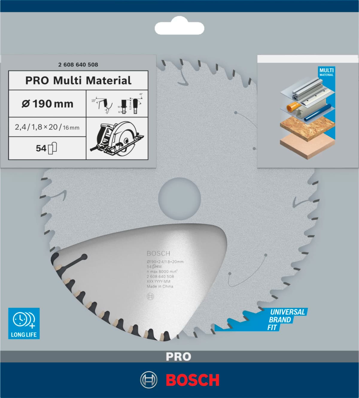 Bosch 2608640508 PRO Cirkelzaagblad - 190 X 20/16 X 54T - Multi Materiaal thumbnail 2