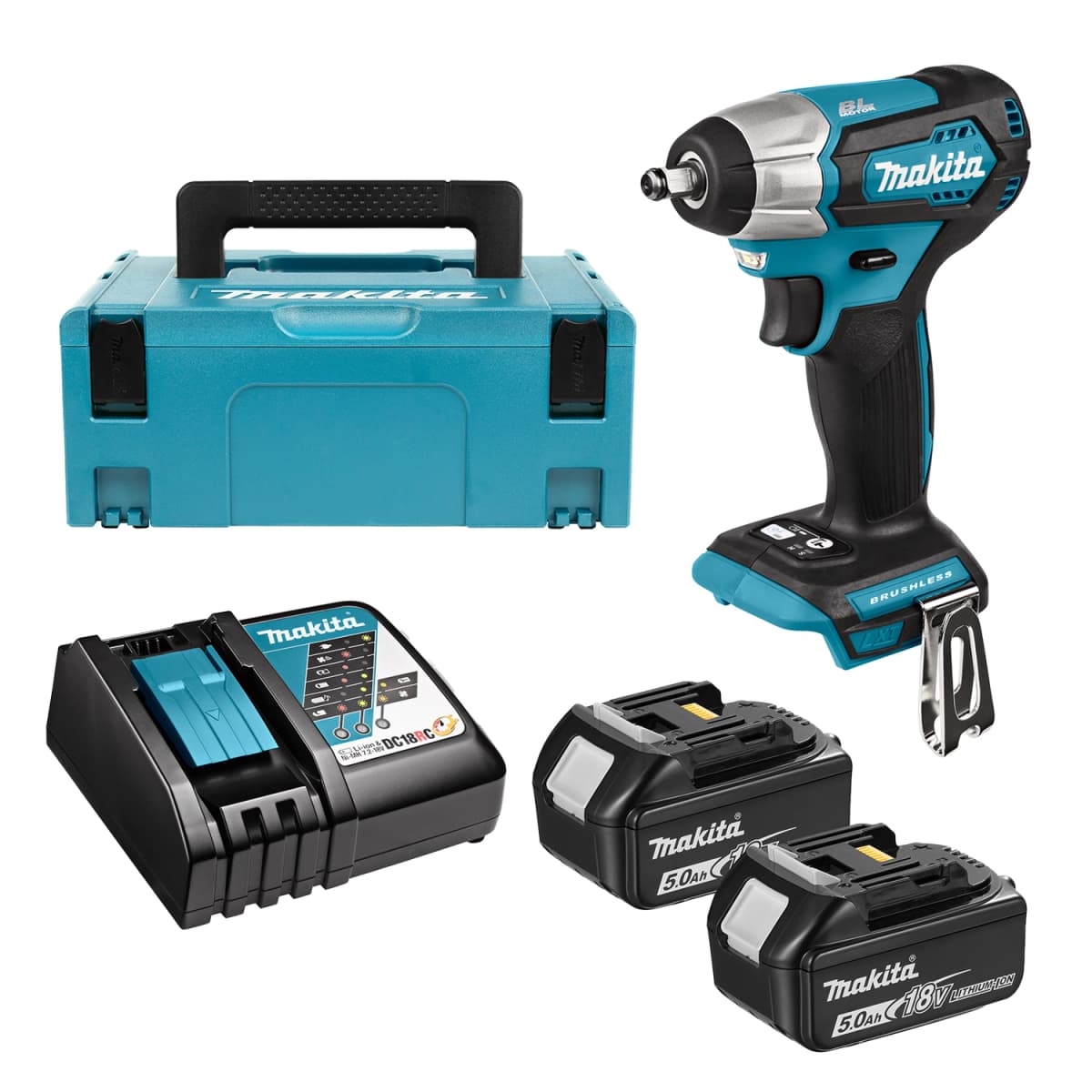 Makita DTW180RTJ 18V Li-Ion Accu Slagmoersleutel Set (2x 5,0Ah) In Mbox - 180Nm - 3/8"- Koolborstelloos