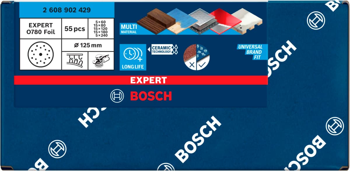 Bosch 2608902429 EXPERT 55-delige Set Schuurschijf O780 Met Film Onderlaag - 125mm - 5xK60/15xK80/15xK120/15xK180/5xK240 thumbnail 2