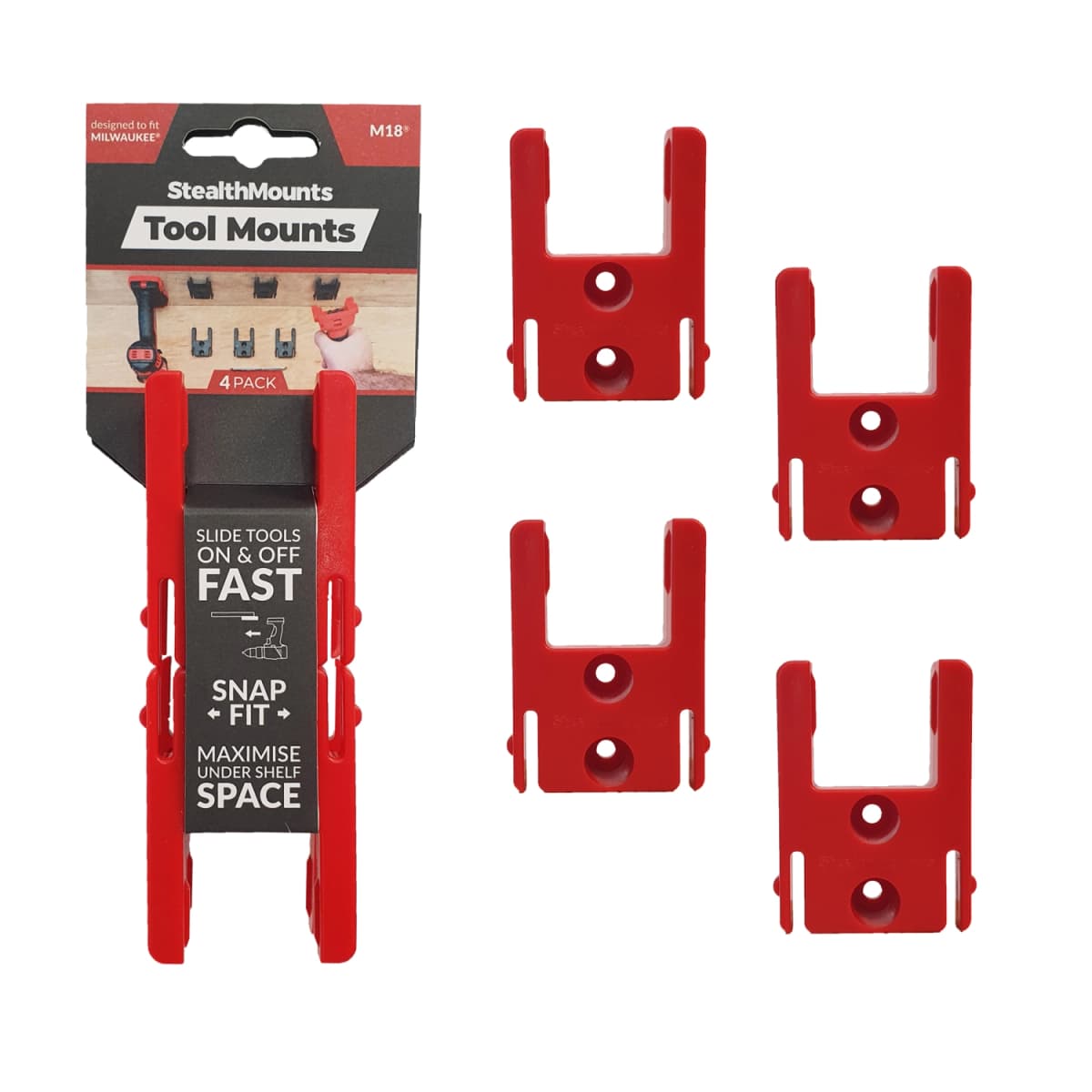 StealthMounts TM-MW18-RED-4 Machinehouder Voor Milwaukee M18 - Rood - 4-pack