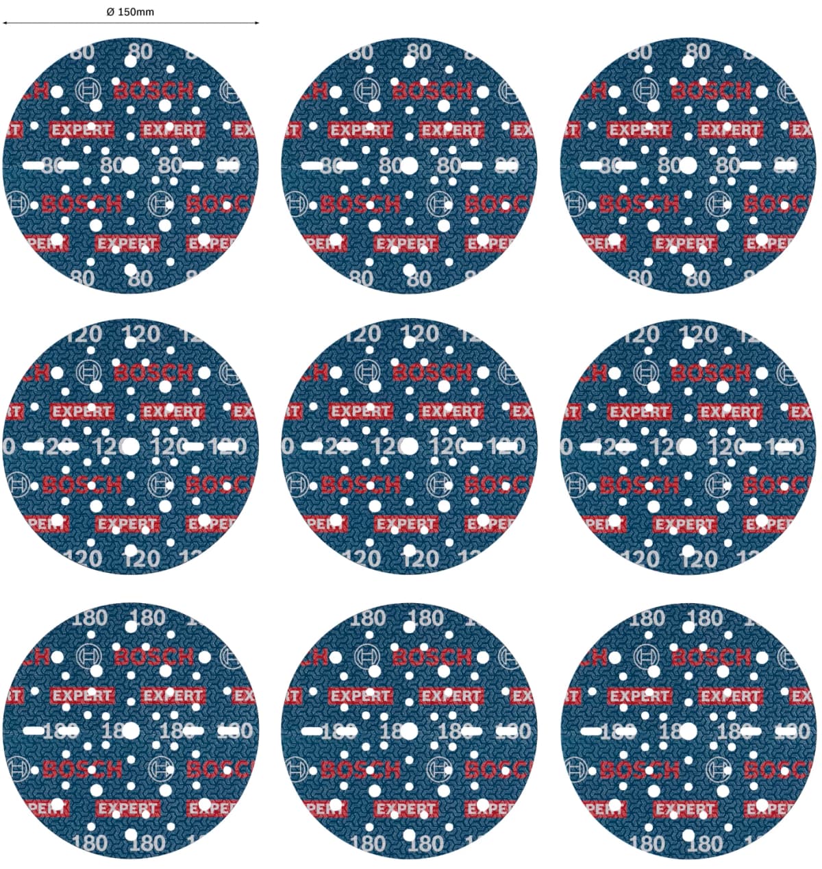 Bosch 2608902448 EXPERT 9-delige Set Schuurschijf O780 Met Film Onderlaag - 150mm - 3xK80/3xK120/3xK180 thumbnail 4