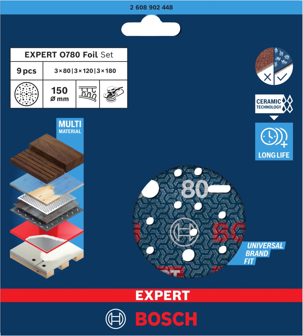 Bosch 2608902448 EXPERT 9-delige Set Schuurschijf O780 Met Film Onderlaag - 150mm - 3xK80/3xK120/3xK180 thumbnail 2