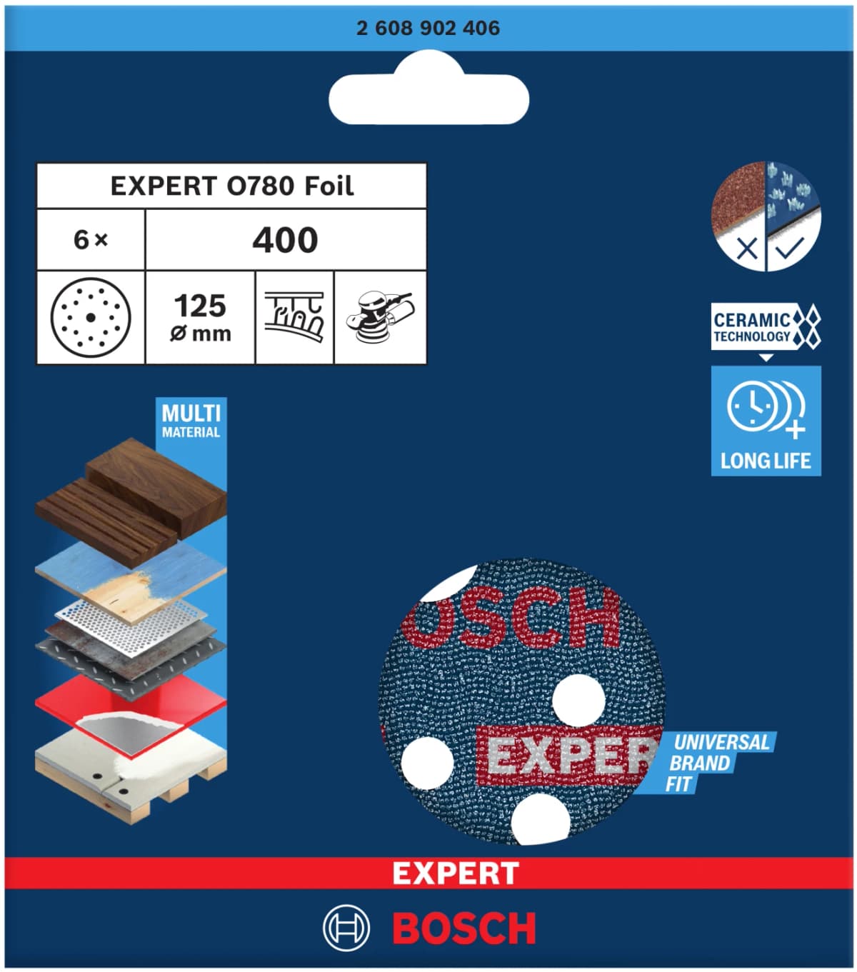 Bosch 2608902406 EXPERT Schuurschijf O780 Met Film Onderlaag - 125mm - K400 (6 Stuks) thumbnail 2