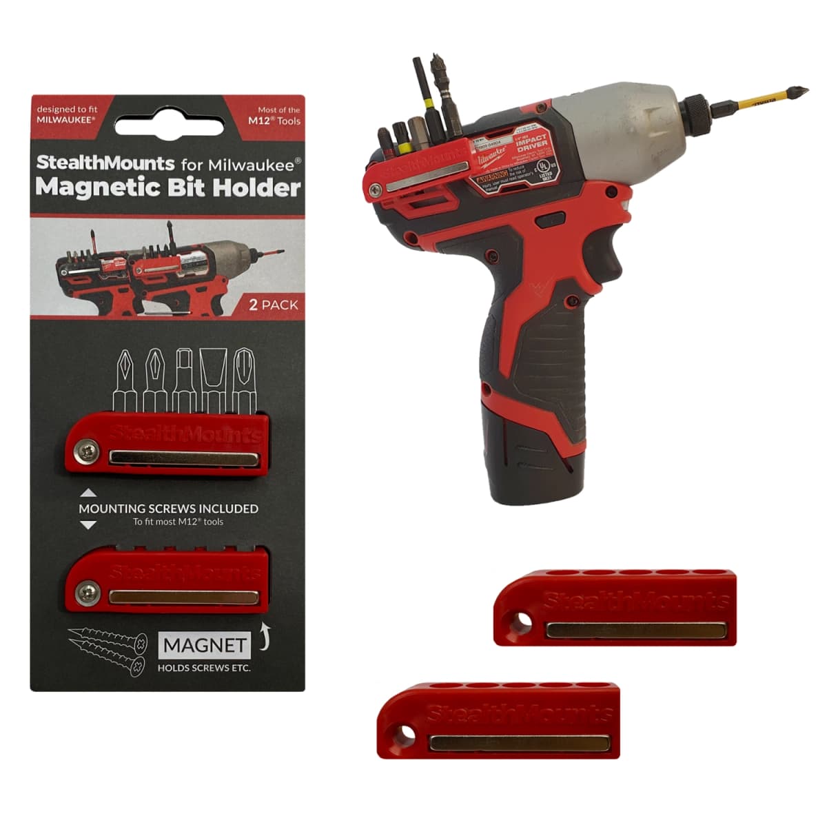 StealthMounts BH-MW12-RED-2 Magnetische Bithouder Voor Machines Milwaukee M12 - Rood - 2-pack