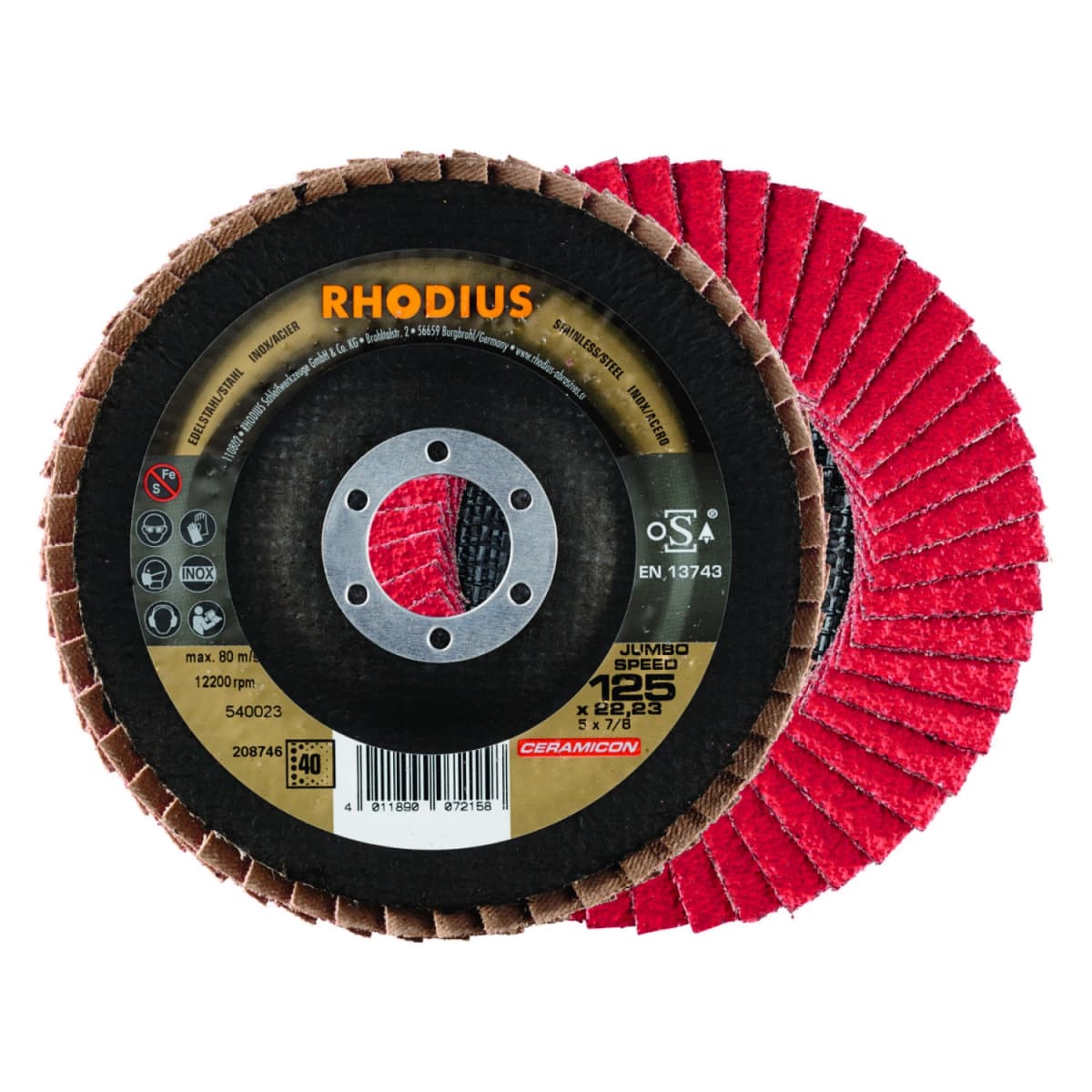 Rhodius 208746 Ceramicon Jumbo Speed Lamellenslijpschijf (10 Stuks) - K40 - 125 X 22,23mm - RVS/Staal