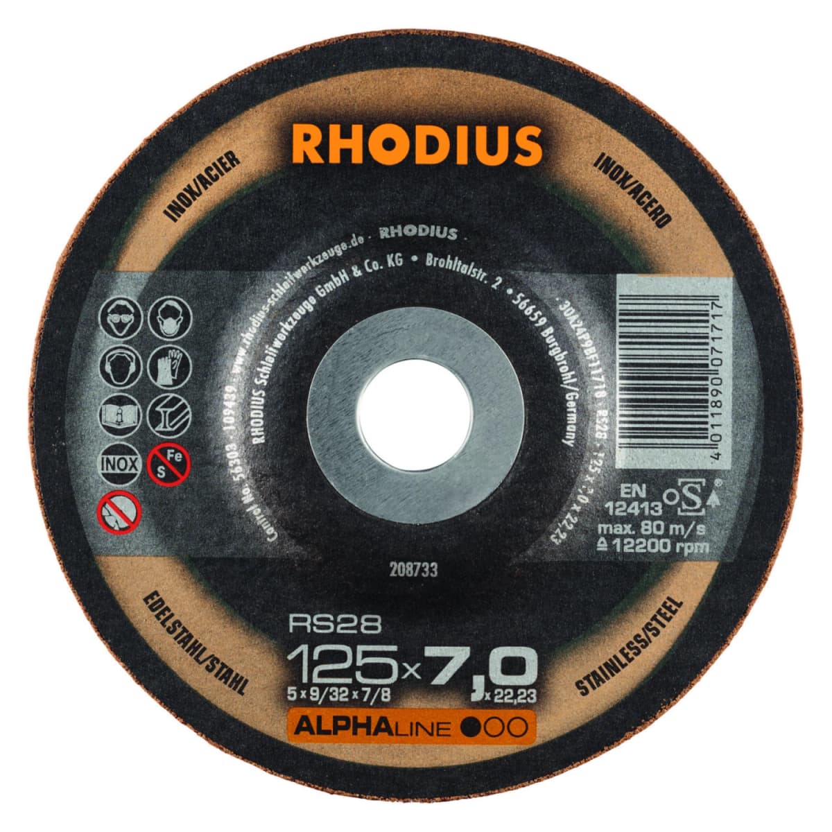 Rhodius ALPHAline I RS28 Afbraamschijf - 125 X 22,23 X 7mm - RVS/Staal (25 St)