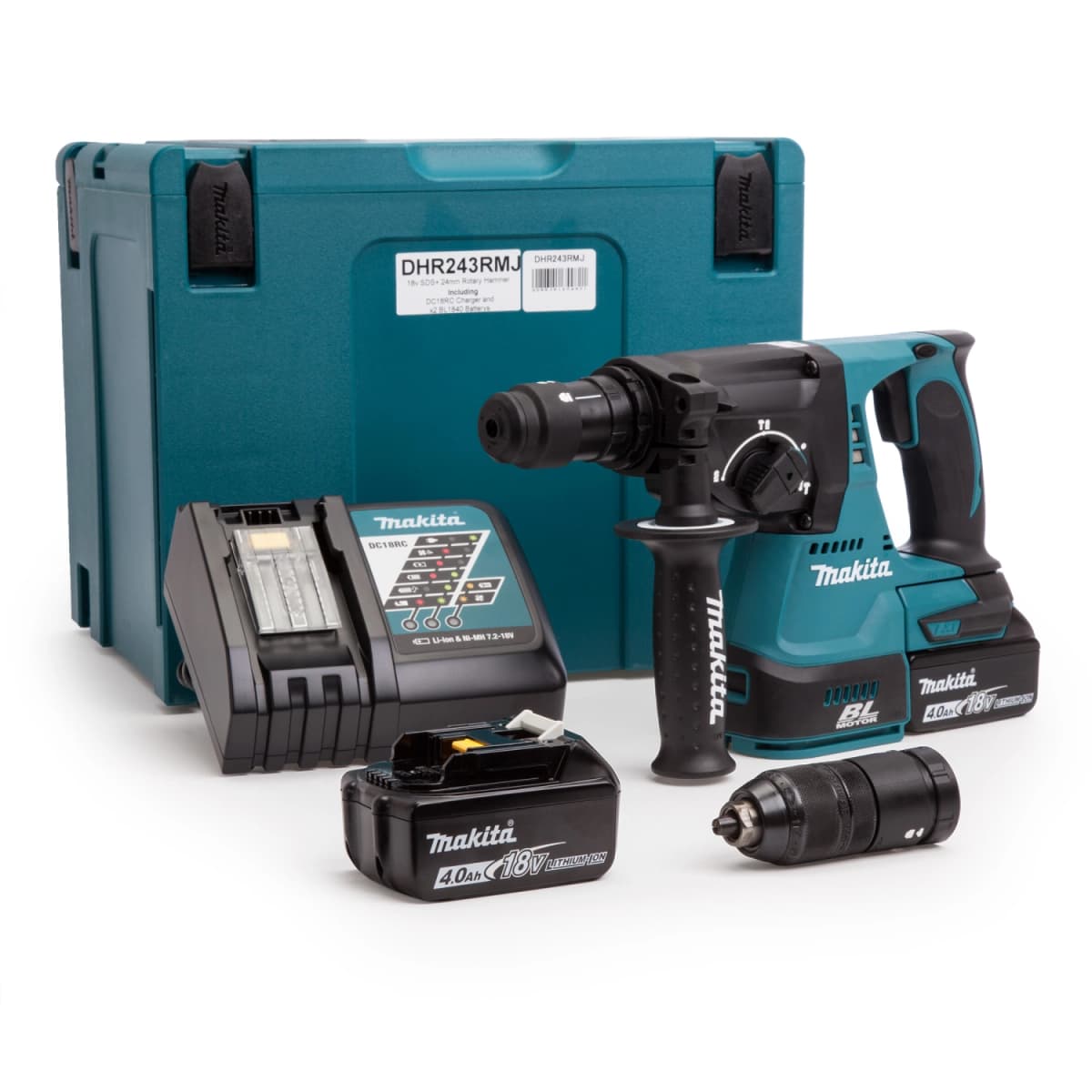 Makita DHR243RMJ 18V Li-Ion Accu SDS-plus Combihamer Incl. Snelspanboorkop Set (2x 4.0Ah Accu) In Mbox - 2J - Koolborstelloos