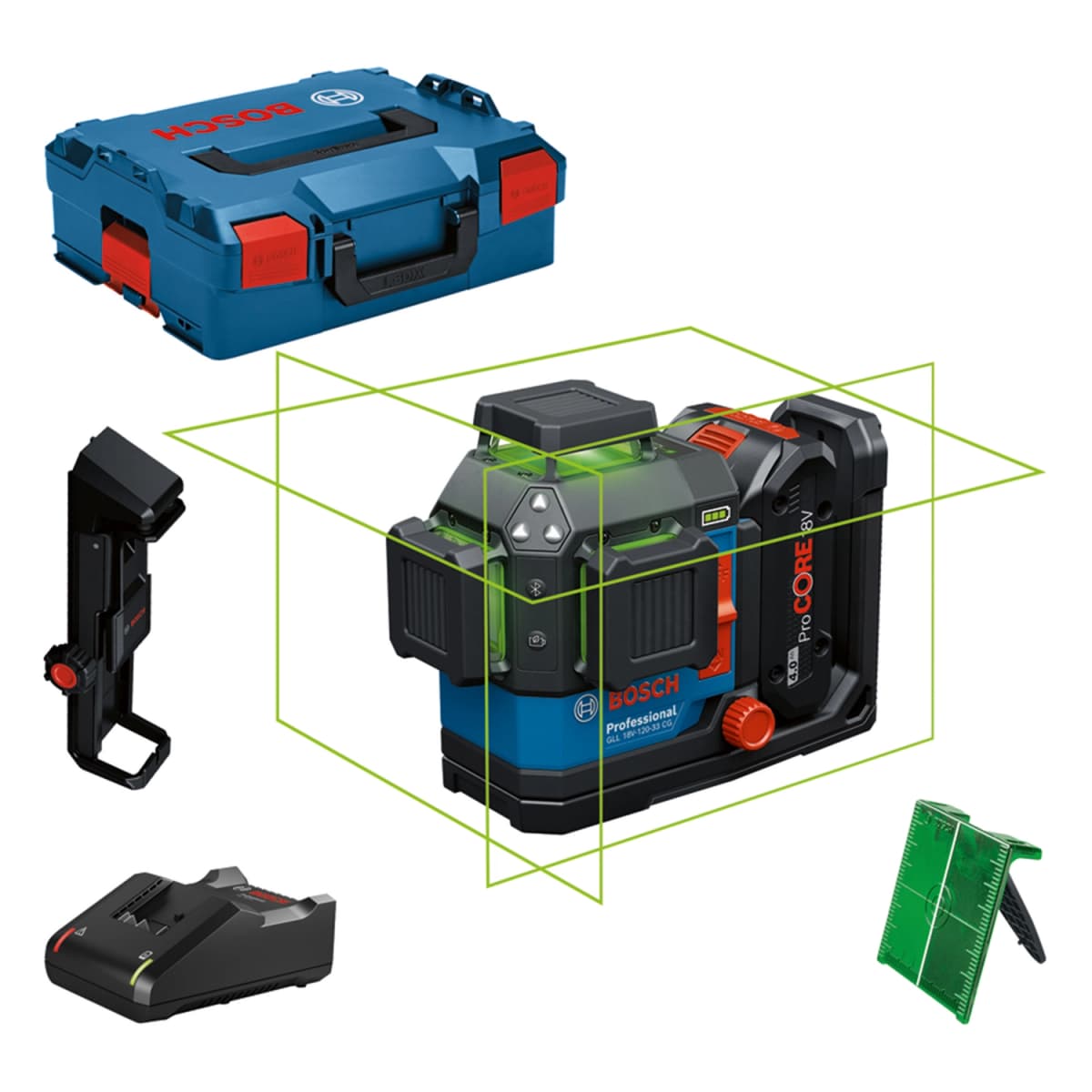 Bosch GLL 18V-120-33 CG 18V Accu Kruislijnlaser Set (1x 4.0Ah) In L-Boxx - Groen - 3x 360