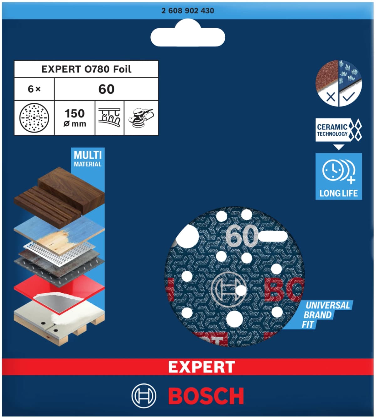 Bosch 2608902430 EXPERT Schuurschijf O780 Met Film Onderlaag - 150mm - K60 (6 Stuks) thumbnail 2