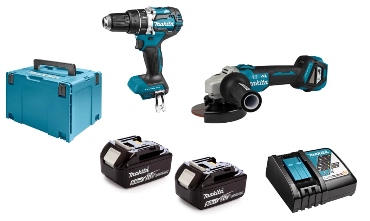 Makita DLX2272TJ 18V Li-Ion Accu Klopboor- /schroefmachine (DHP484Z)&Haakse Slijper (DGA513) Combiset (2x 5.0Ah Accu) In Mbox