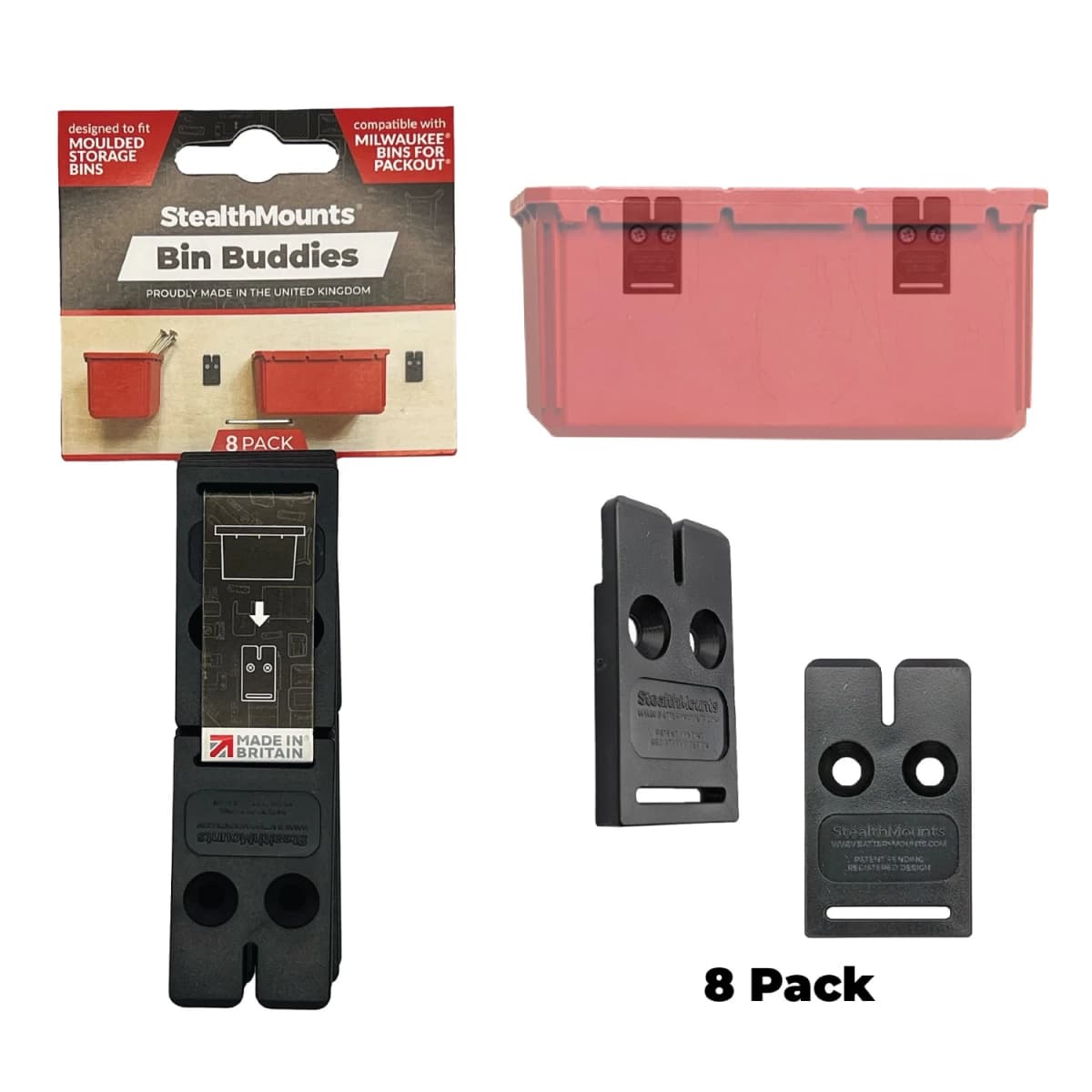 StealthMounts OM-BIN-BLK-8 Bin Buddy Mount - Voor Milwaukee PACKOUT™ / Ridgid / AEG / Keter - Zwart - 8 Stuks