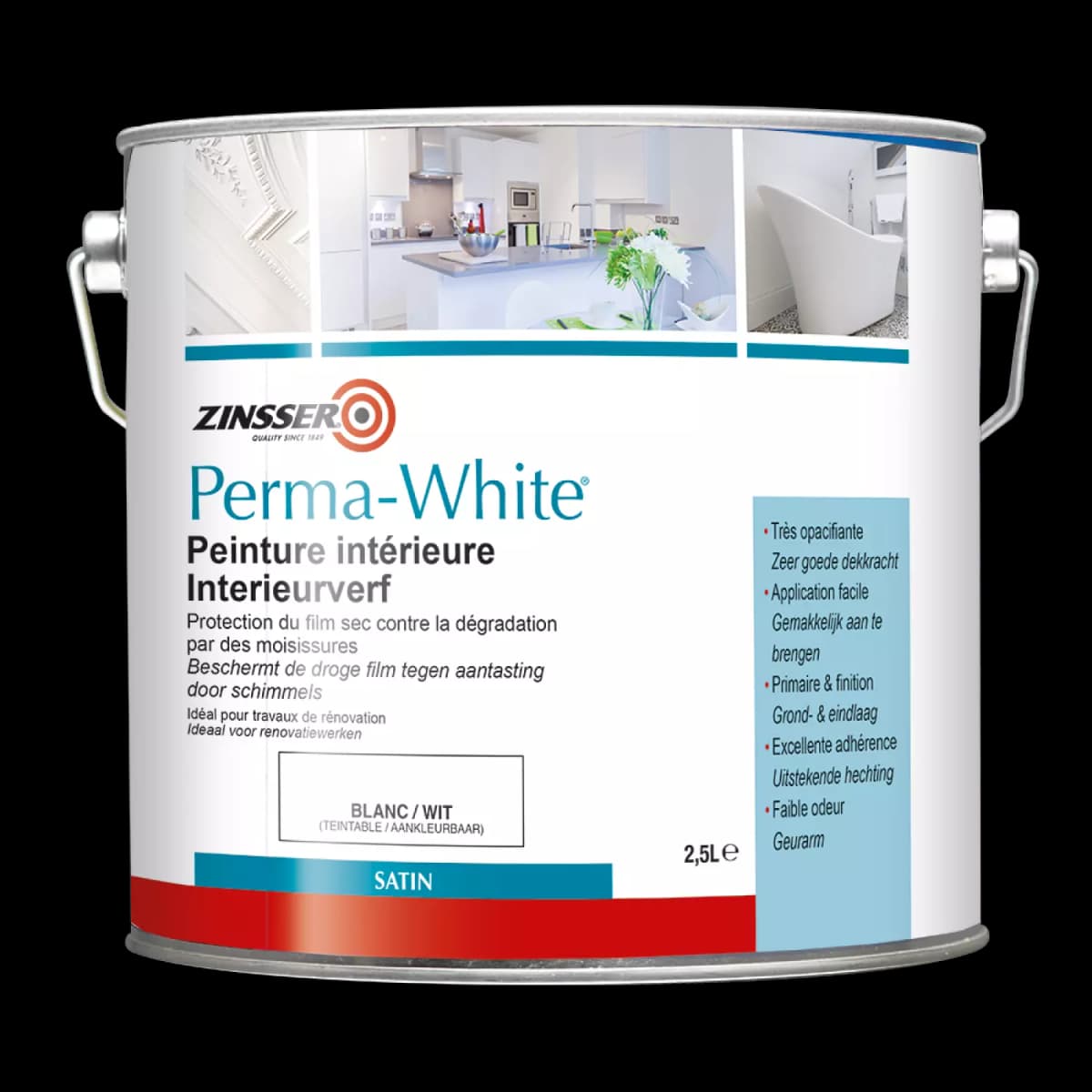Zinsser Permawhite Satin Zijdeglans - Badkamermuurverf - Wit - 2,5L