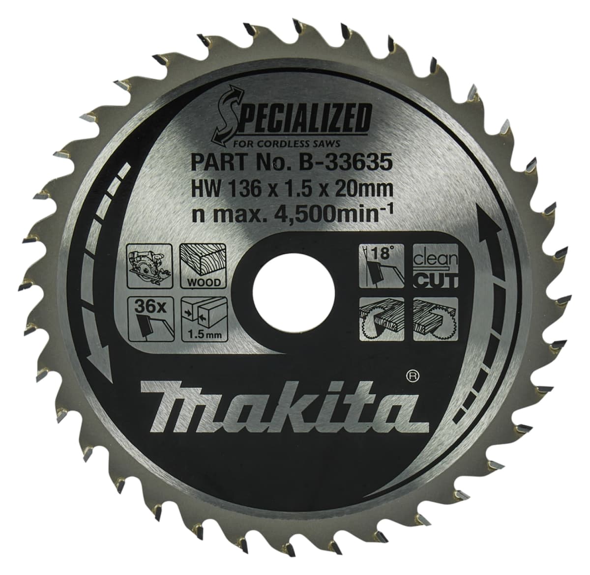 Makita B-33635 Cirkelzaagblad - Hout - Specialized - 136x20x1,5mm - 36T