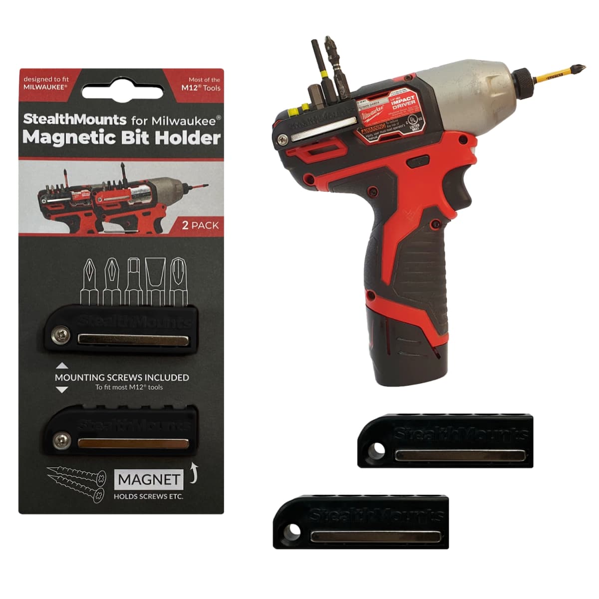 StealthMounts BH-MW12-BLK-2 Magnetische Bithouder Voor Machines Milwaukee M12 - Zwart - 2-pack