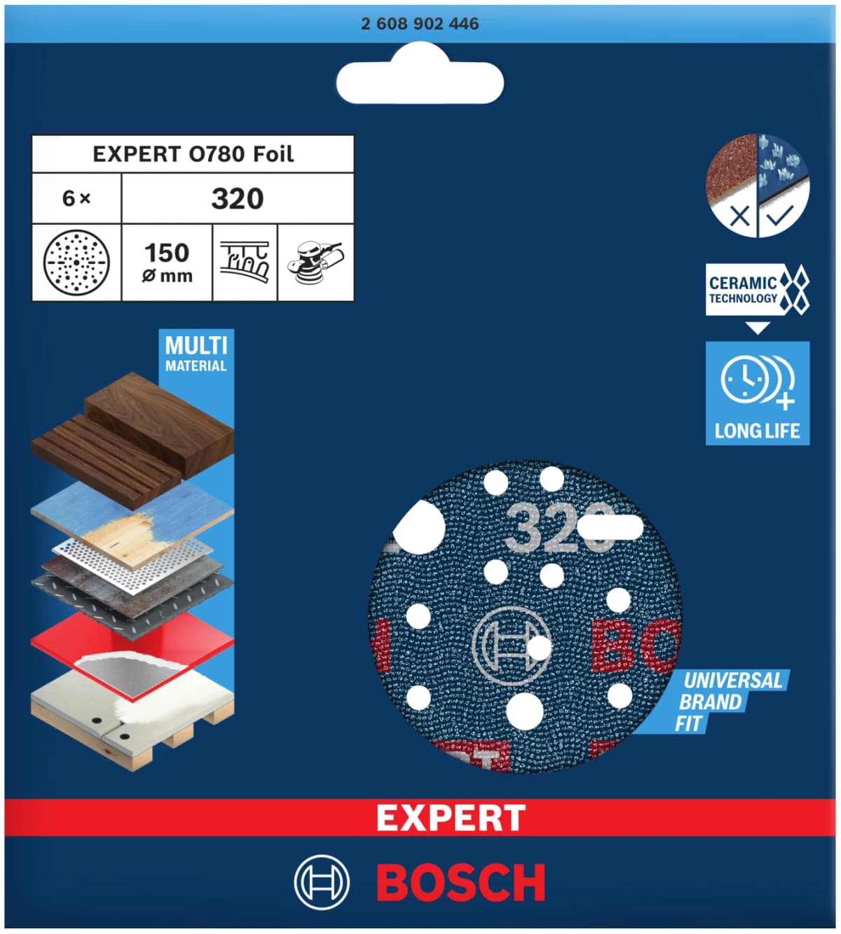 Bosch 2608902446 EXPERT Schuurschijf O780 Met Film Onderlaag - 150mm - K320 (6 Stuks) thumbnail 2