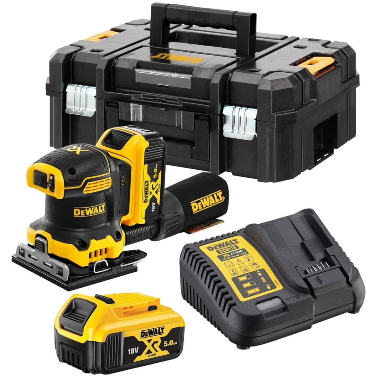 DeWALT DCW200P2 18V Li-ion XR Accu Vlakschuurmachine Set (2x 5.0Ah) In TSTAK - 140 X 115mm - Koolborstelloos