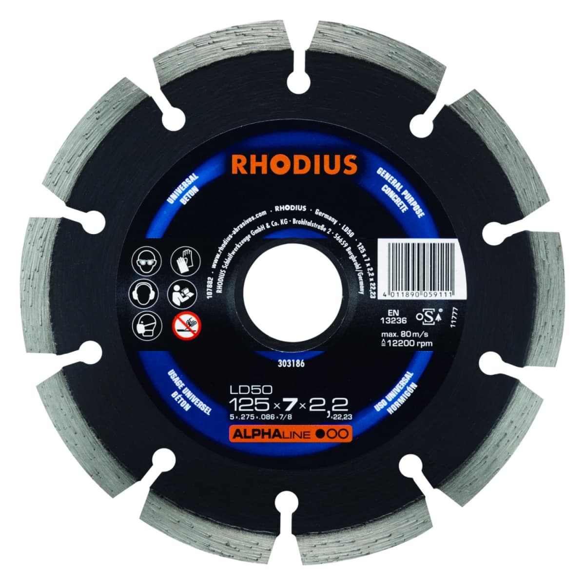 Rhodius 303186 Alphaline I LD50 Diamantdoorslijpschijf - 125 X 22,23 X 7mm - Beton/Universeel