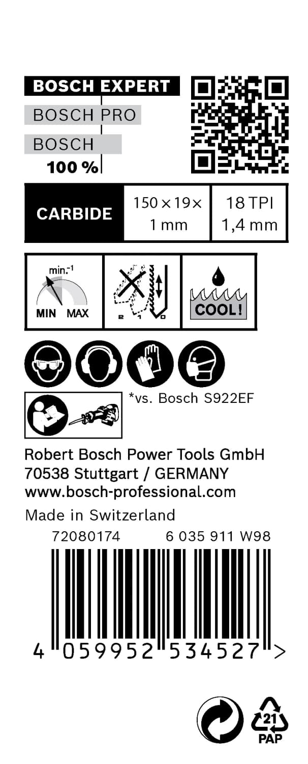 Bosch EXPERT S922EHM Thin Tough Metal Reciprozaagblad - 150mm - Metaal (10st) thumbnail 3