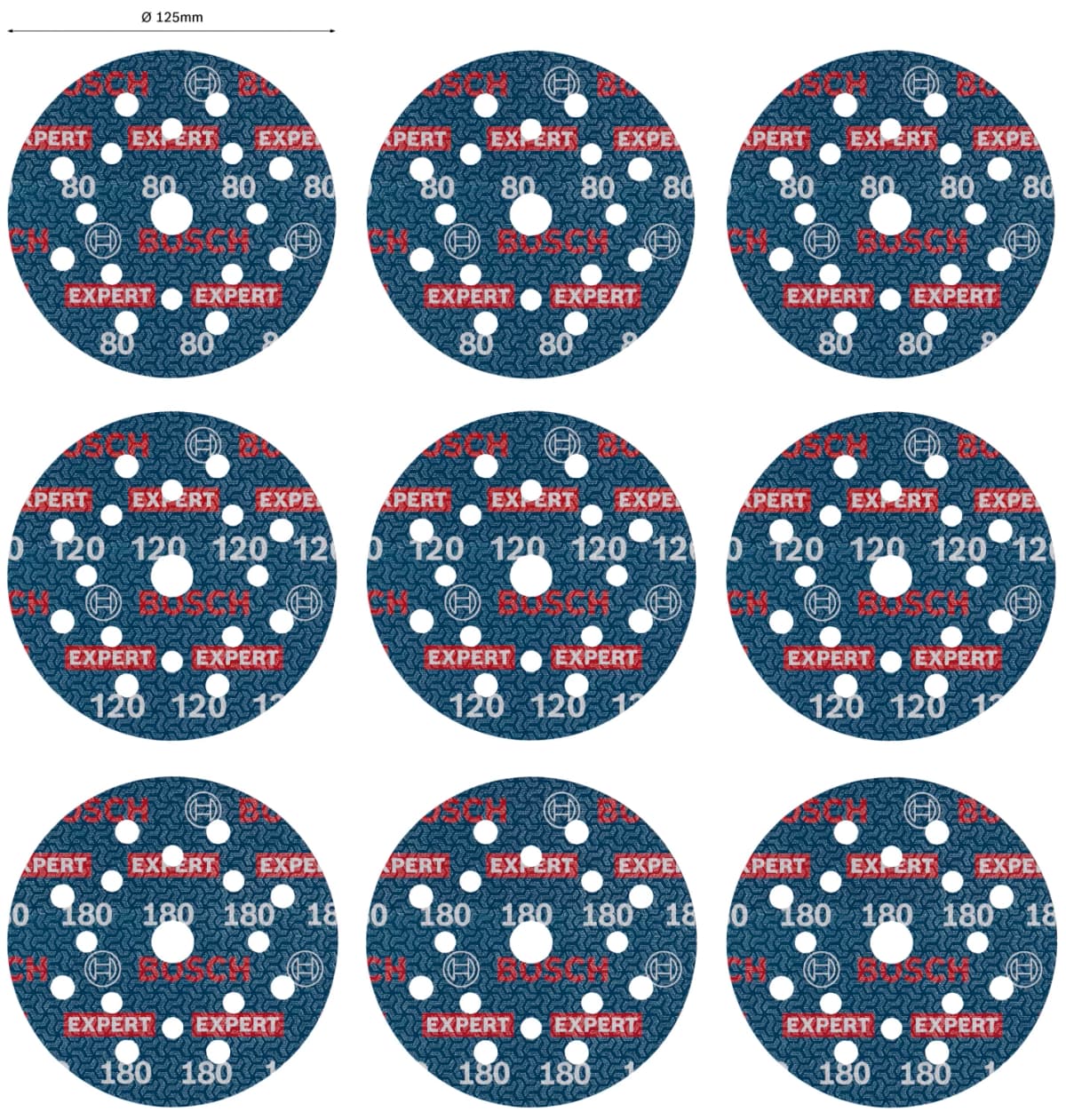 Bosch 2608902407 EXPERT 9-delige Set Schuurschijf O780 Met Film Onderlaag - 125mm - 3xK80/3xK120/3xK180 thumbnail 4